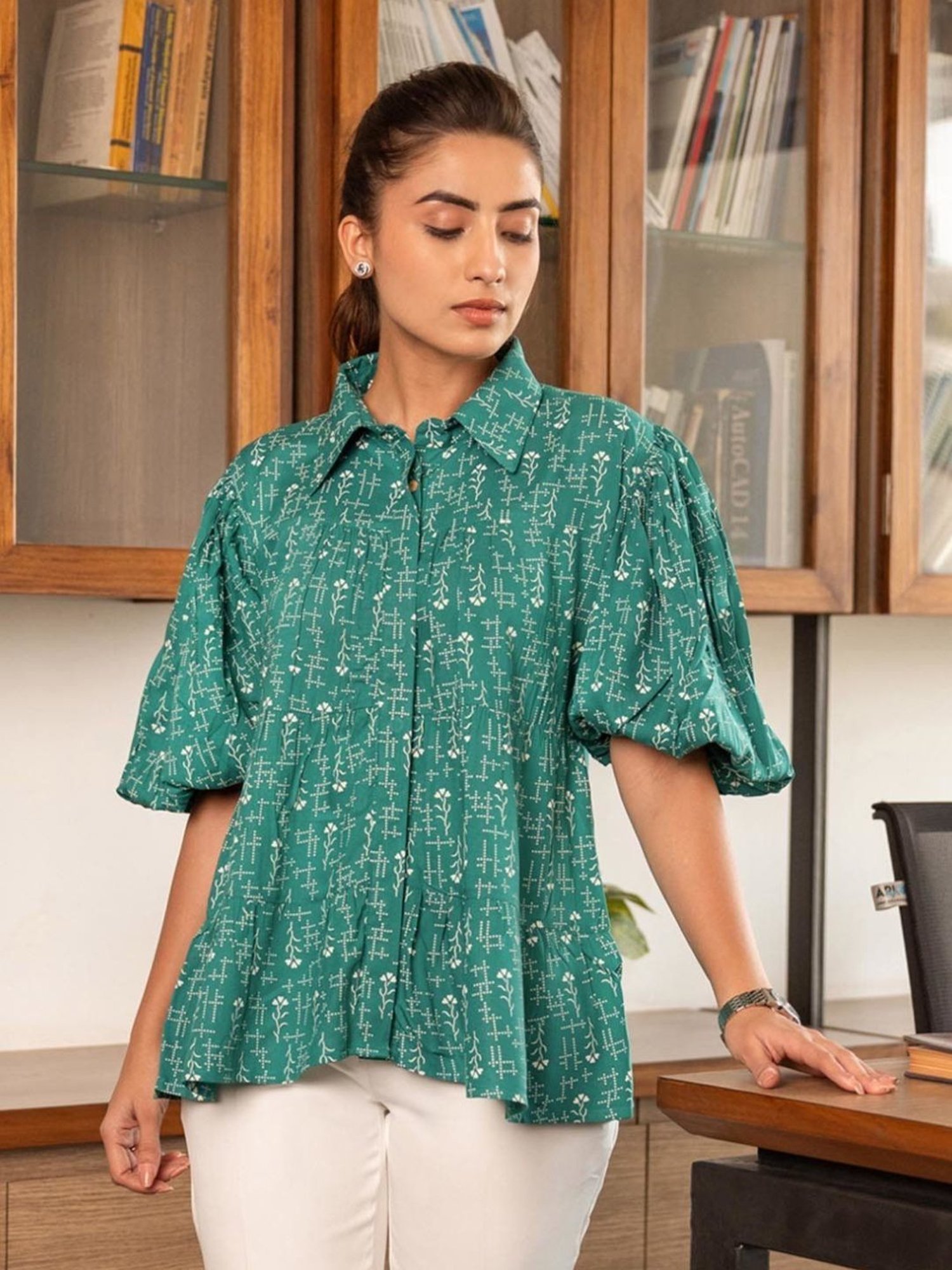 BInfinite Teal Green Printed Tiered Shirt