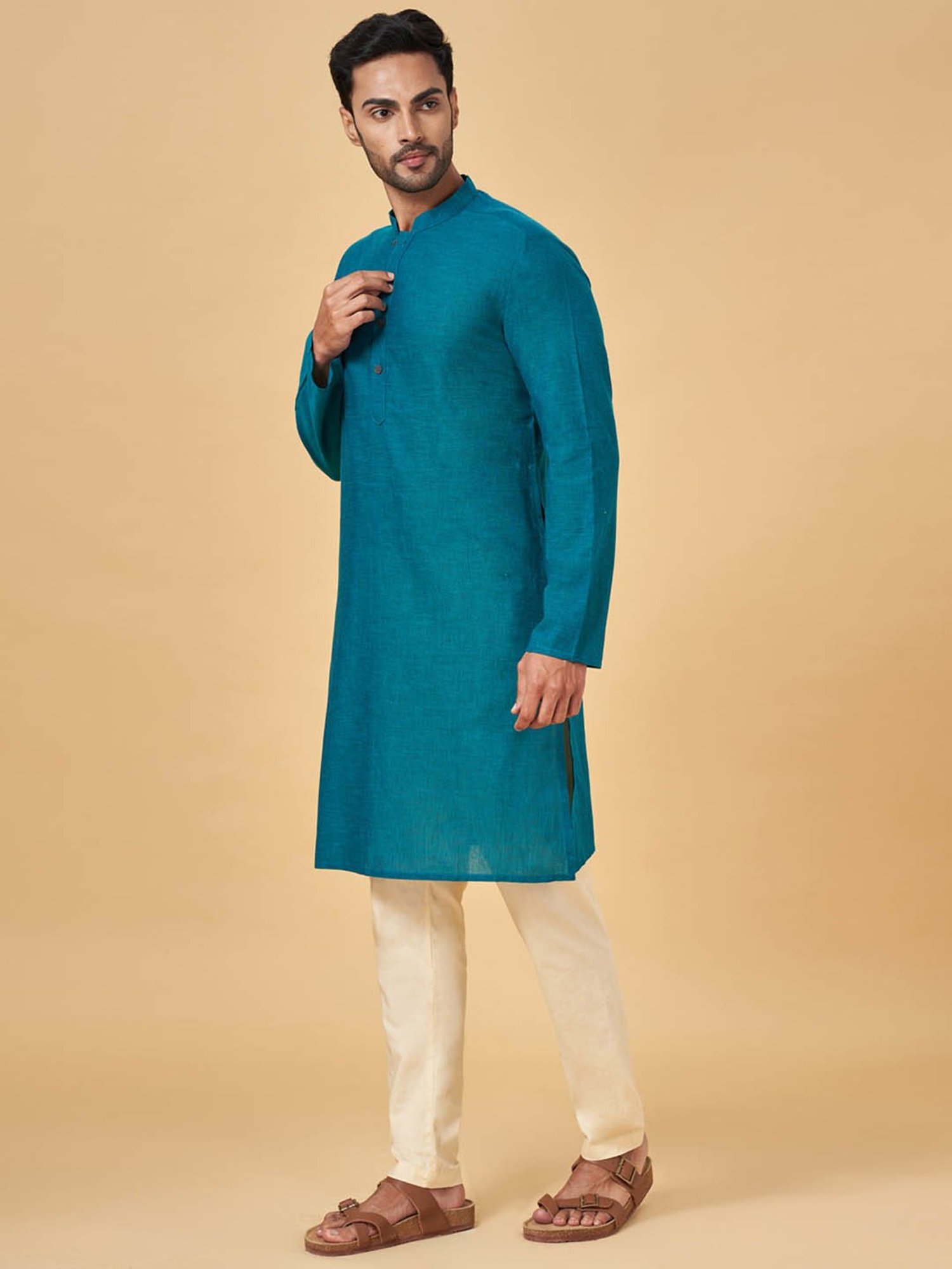 Indus Route by Pantaloons Teal Cotton Regular Fit Kurta