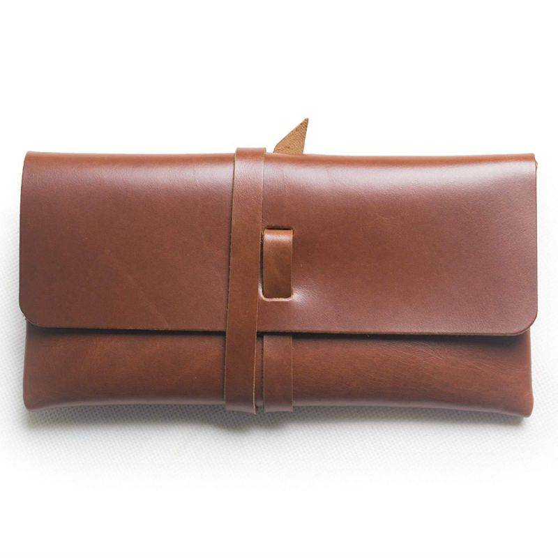 Ancicraft Soft Genuine Leather Pencil Pen Case Pouch Holder Bag Pocket with Strap Retro Vintage Simple Red Brown (Red brown with strap)