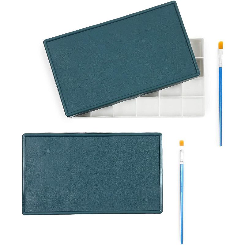 2 Sets of Artists Paint Palettes Plastic Pallets with 24 Wells and Fine Paintbrush for Painting and Watercolor