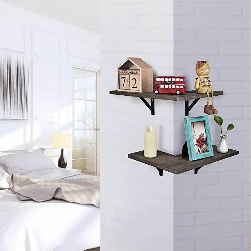 Corner Wall Shelves Rustic Wood Corner Floating Shelves for Bedroom Living Room Bathroom Kitchen Set of 2 Weathered Grey