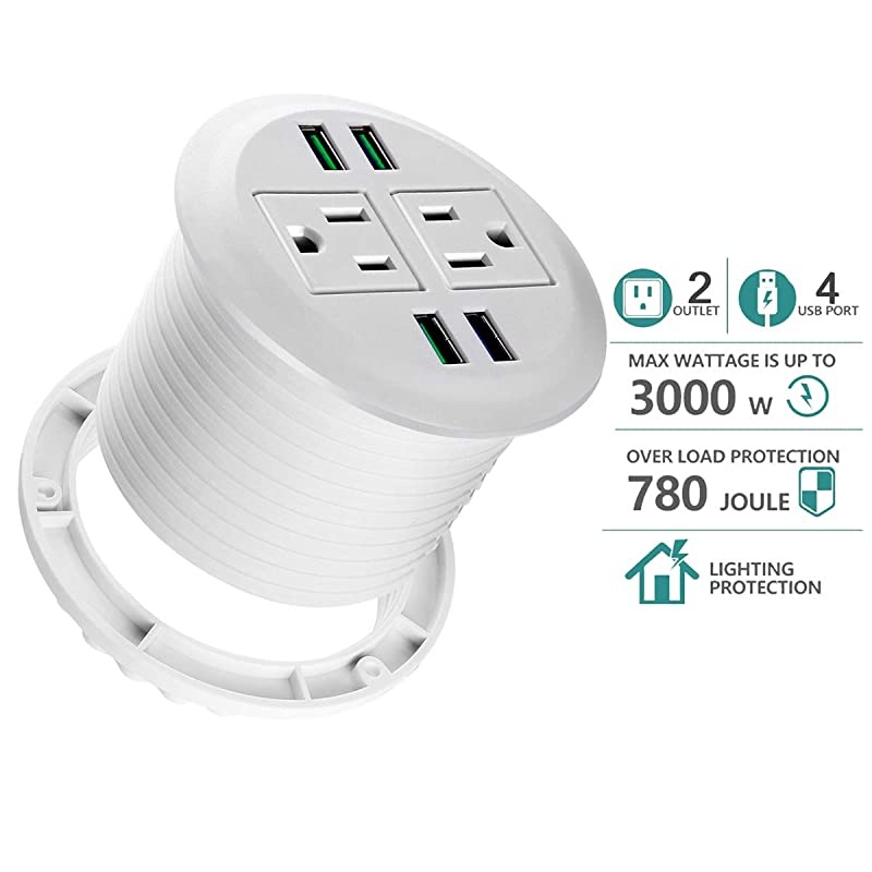 Power Grommet with USB,Recessed Power Socket with 2 AC Outlets and 4 USB Charging Ports. Desk Grommet Outlet 3 1/8in Hole,for Kitchen Table/Conference Room Outlet(White)
