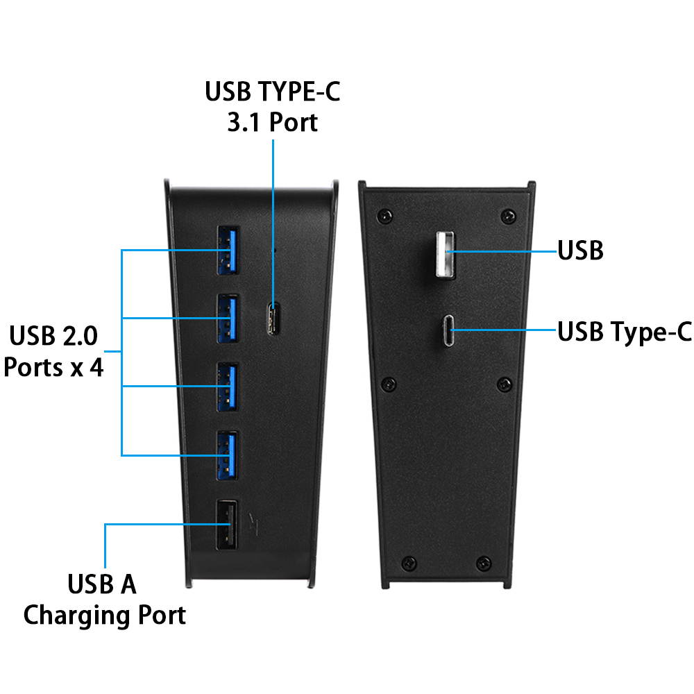 PS5 USB Hub, USB Type C 3.1 High Speed Transmission Extender Hub Adapter with 4 USB & 1 USB Charging Port & 1 USB C Port Converter Distributor Compatible with Playstation 5 Game Console (Black)