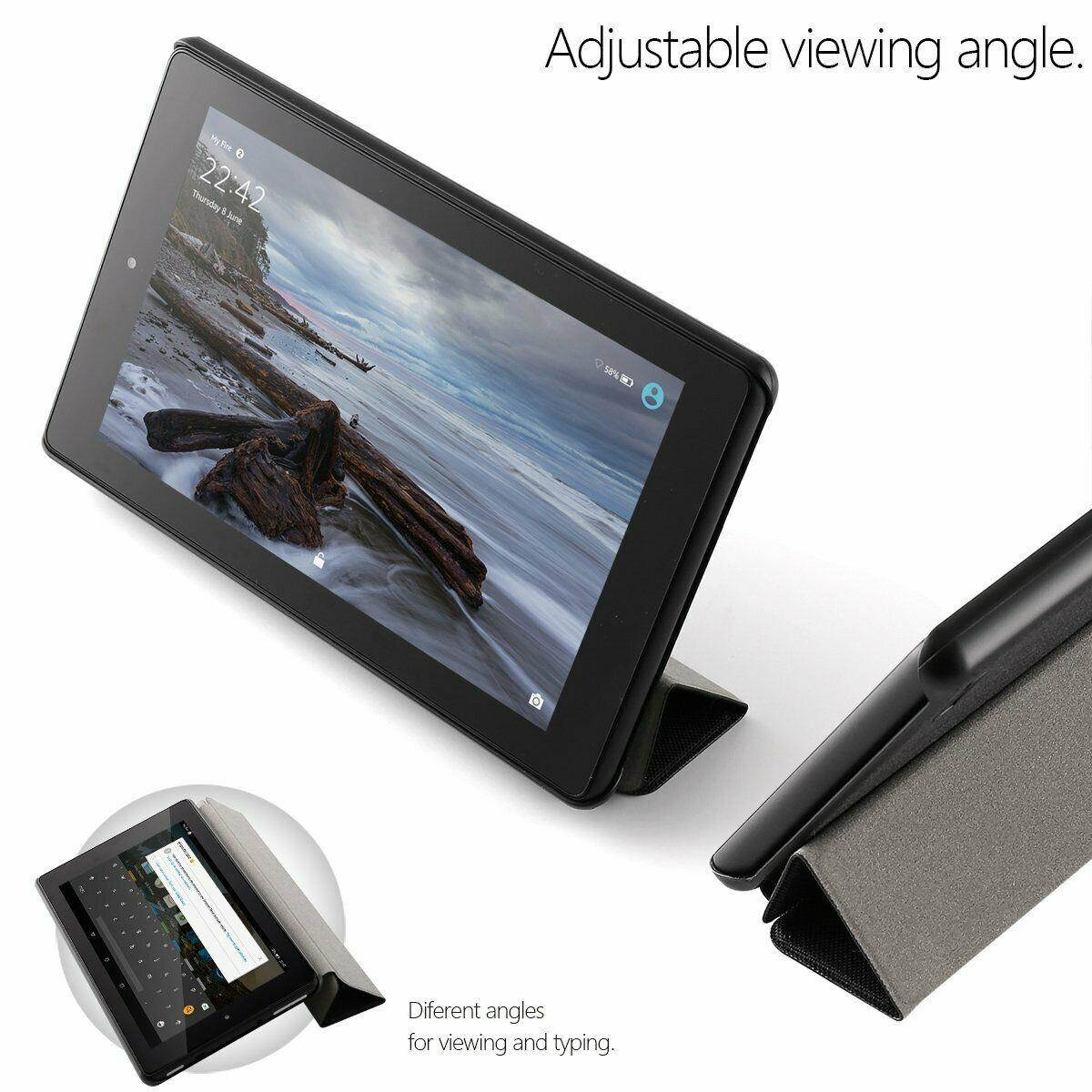 For Fire 7 2017 Tablet Case Leather Smart Cover w/Auto Sleep/Wake Function Black