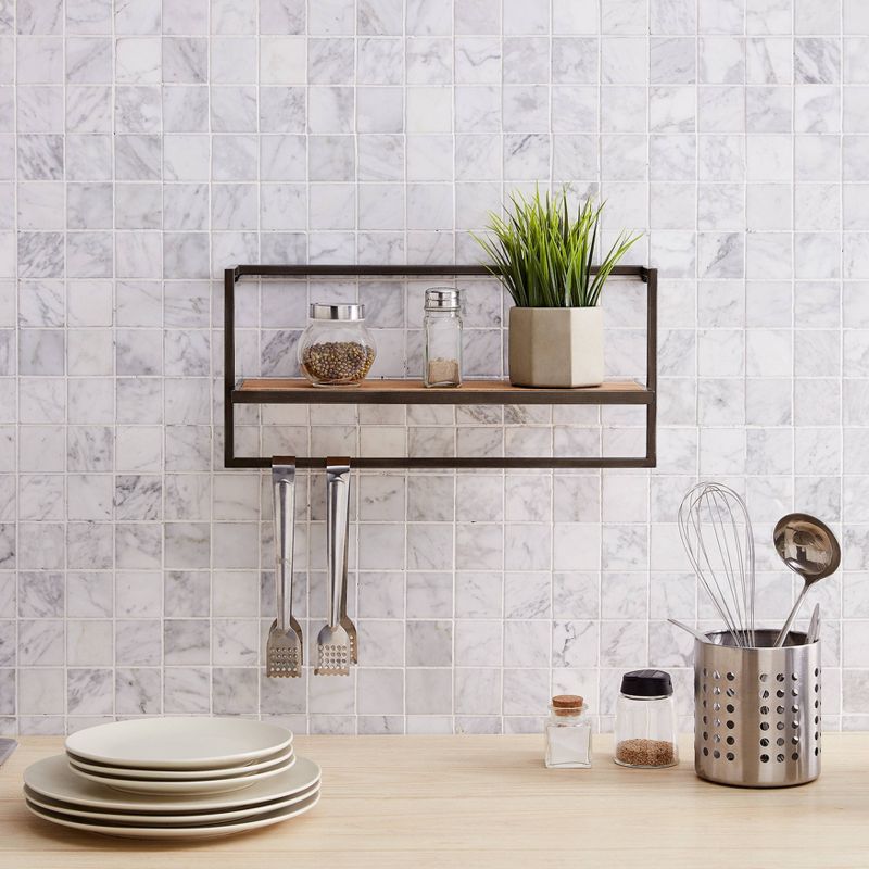 17" x 7.9" Floating Industrial Wood Wall Shelf with Metal Towel Bar Black - Danya B.