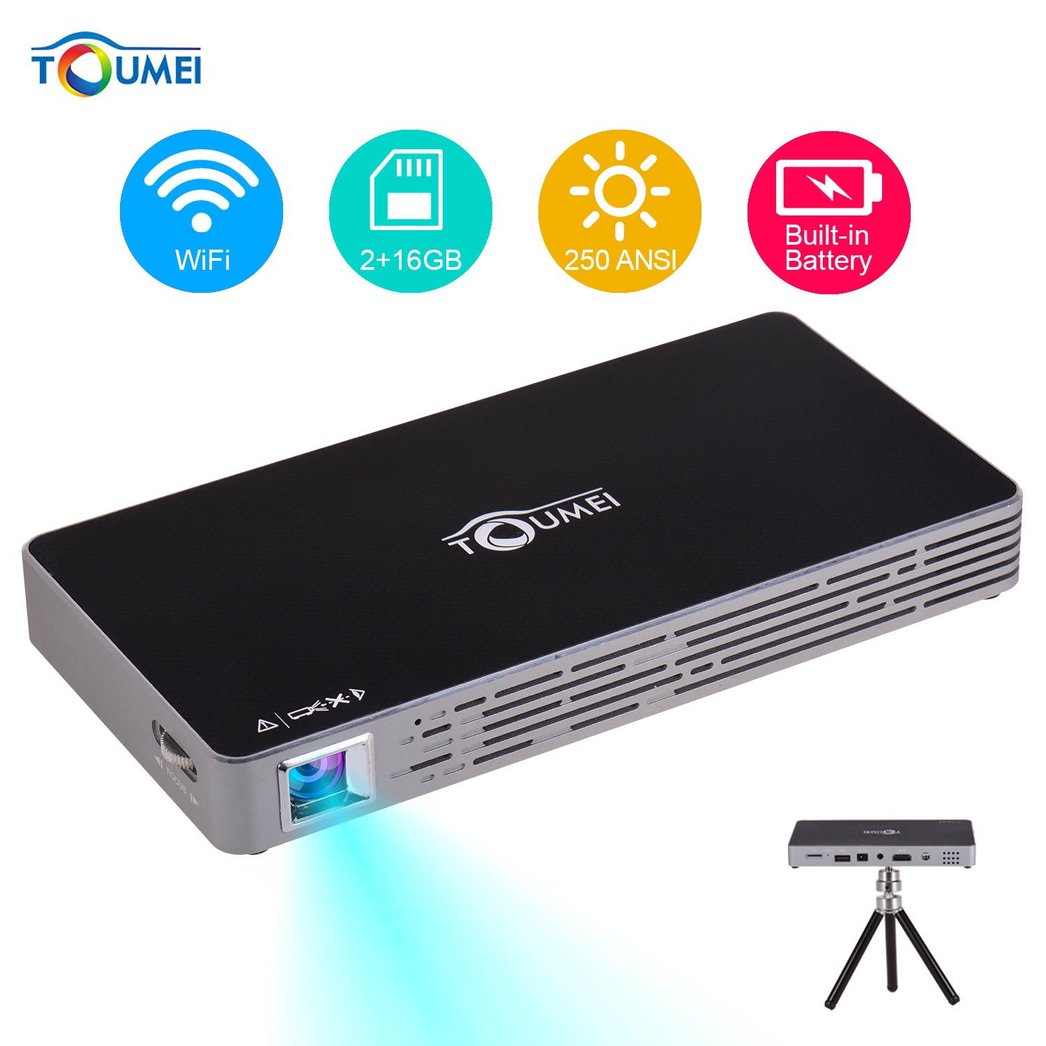 TOUMEI Mini Portable Smart Projector DLP 1080P Supported 250 ANSI Lumens 2+16GB Dual-band WiFi & BT Home Theater Video Projector Wireless Screen Share 120 Inch Projection Display Android 7.1OS with