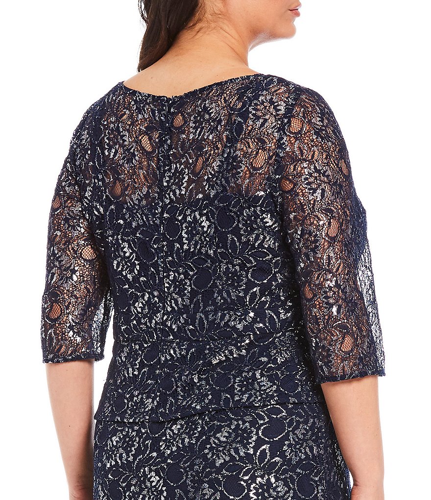 Le Bos Plus Size Round Neck 3/4 Sleeve Metallic Lace Peplum Long Gown