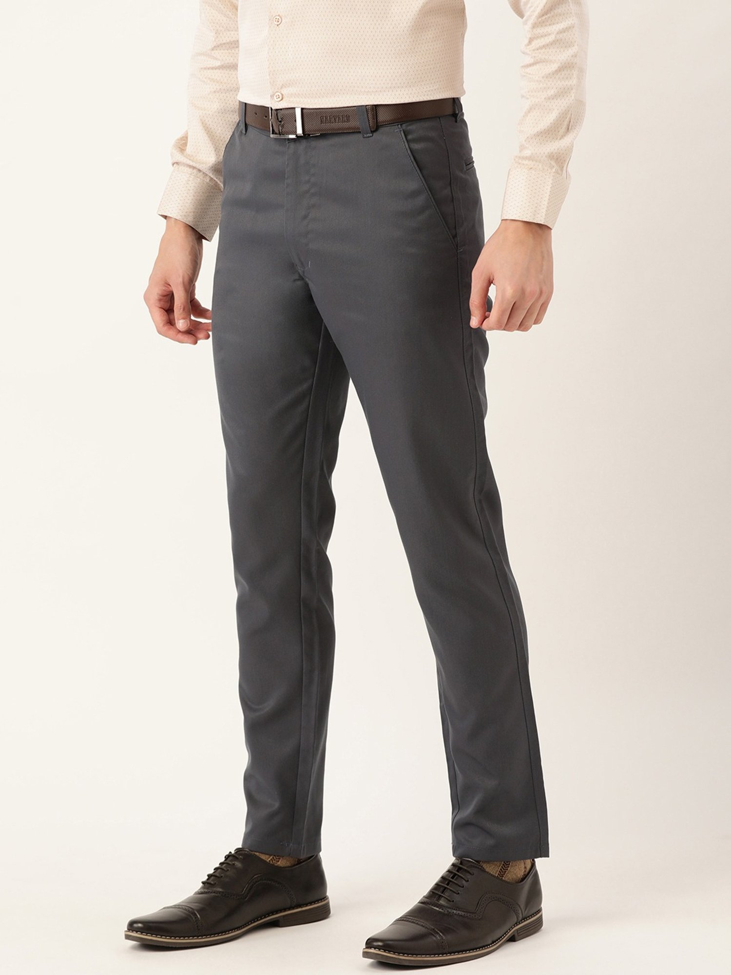 Sojanya Grey Cotton Regular Slim Fit Flat Front Trousers
