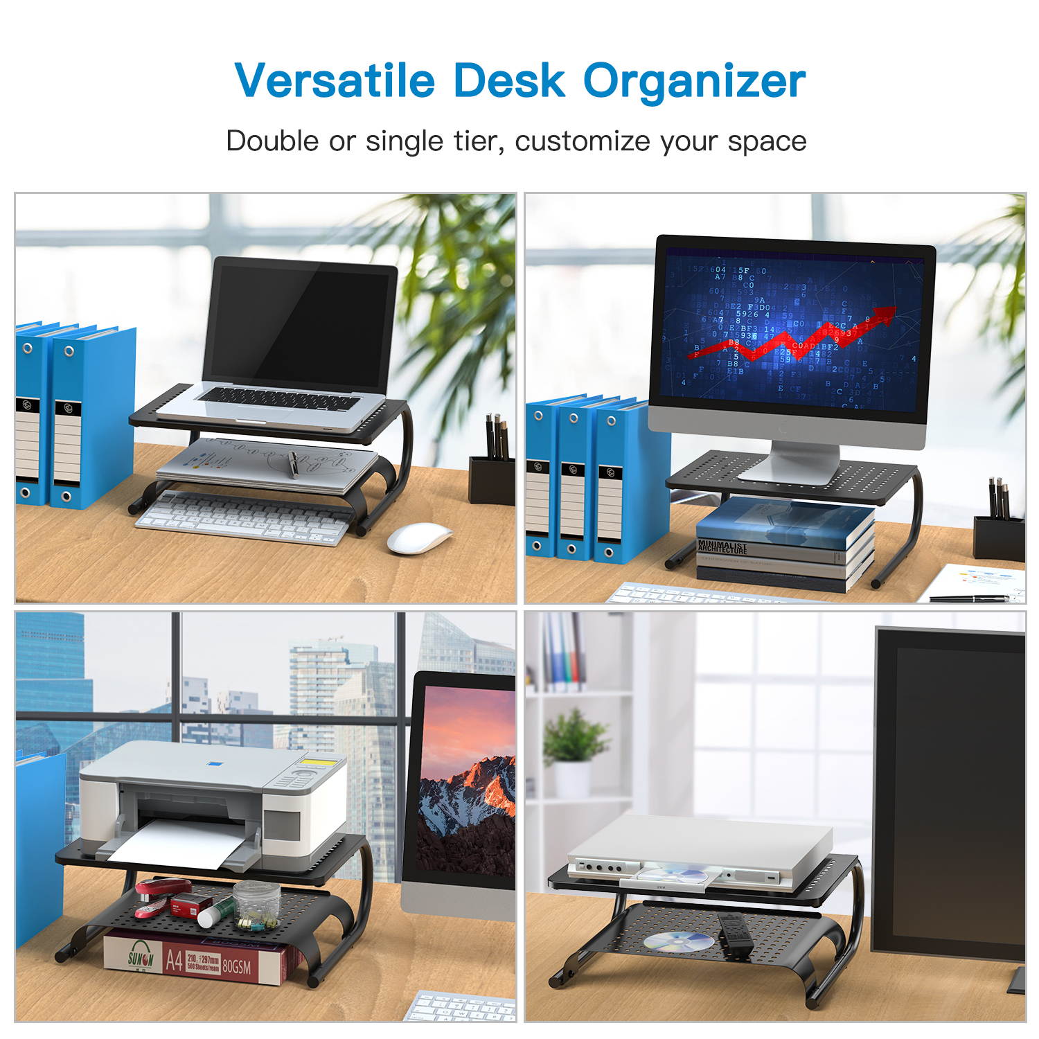 Monitor Stand Riser with Vented Metal Base, 2 Tier Desk Organizer Stand for Laptop Computer, Desktop Printer Stand with Anti-Slip Pads Holds 44lbs, Versatile as Storage Shelf & Screen Holder by HUANUO