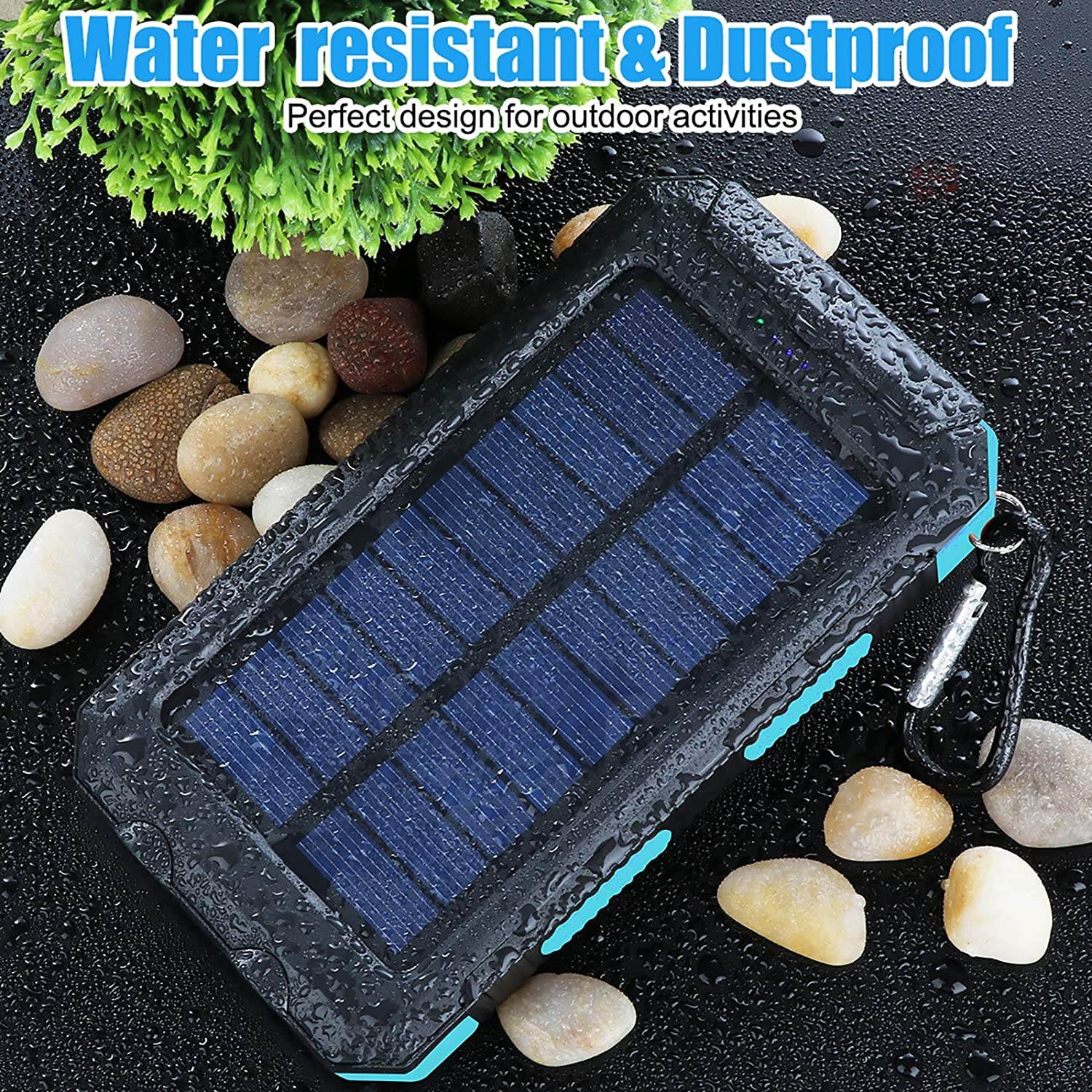 Solar Charger 20000mAh Portable Outdoor Waterproof Solar Power Bank Camping External Backup Battery Pack Dual 5V USB Ports Output 2 Led Light Flashlight with Compass (Blue)