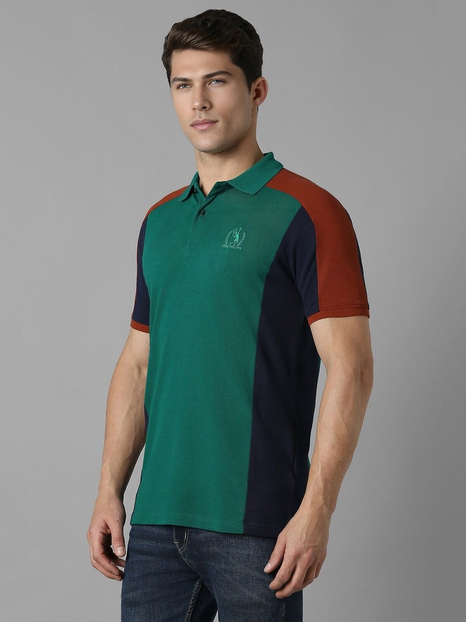 Louis Philippe Green Cotton Slim fit Colour-Block Casual Polo T-Shirt