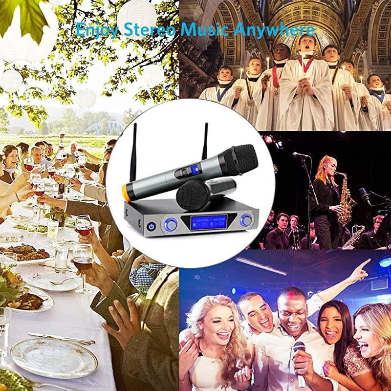 UHF Wireless Microphone System with LCD Display Dual Channel Handheld Karaoke Microphones Set for Outdoor Wedding Conference Karaoke Evening Party Singing
