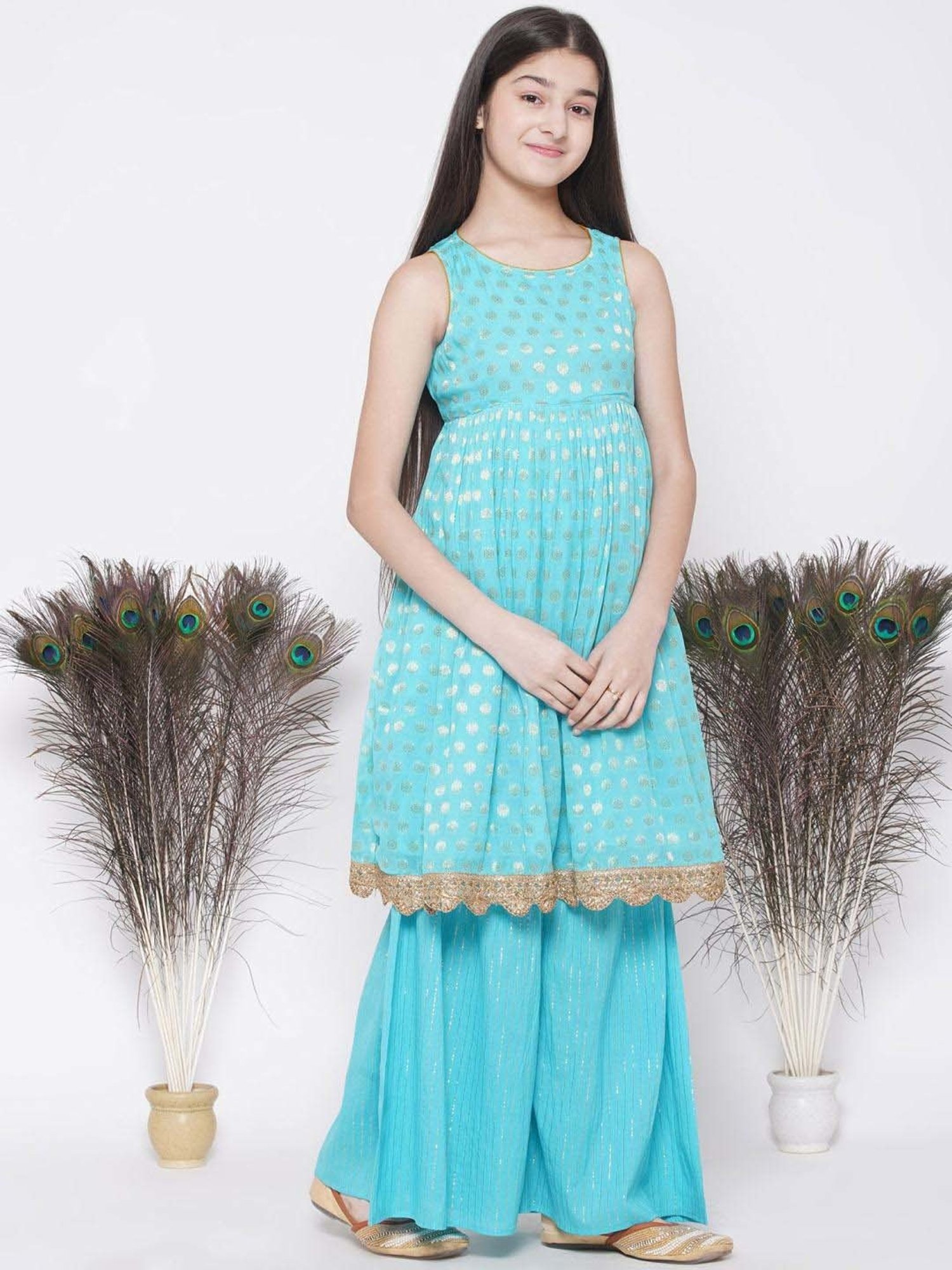 Little Bansi Firozi Blue Cotton Floral Print Kurta Set