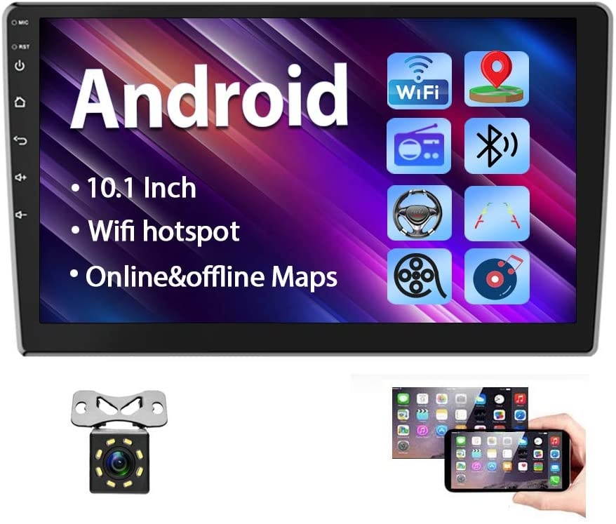 Podofo 10.1 Inch Android Car Stereo Double Din GPS Car Radio 2.5D HD Tempered Glass Mirror Multimedia MP5 Player Support Bluetooth WiFi FM Radio Dual USB Mirror Link with Backup Camera