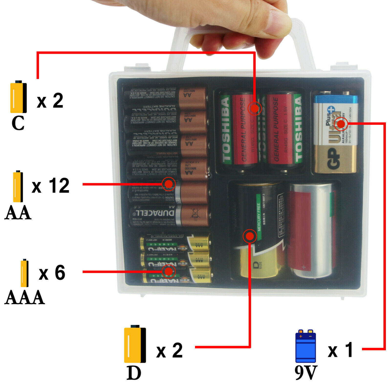 Battery Organizer Storage Case for AA AAA C D 9V Battery Container Holder Box