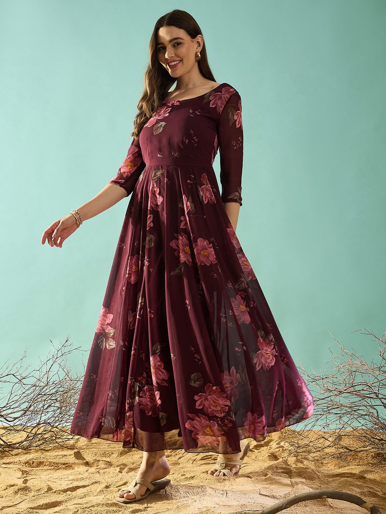 PANIT Maroon Floral Print Ethnic Dress