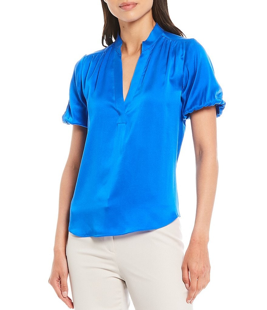 Antonio Melani Morgan Sandwashed Stretch Silk-Blend Short Puff Sleeve Mandarin Collar Neck Blouse