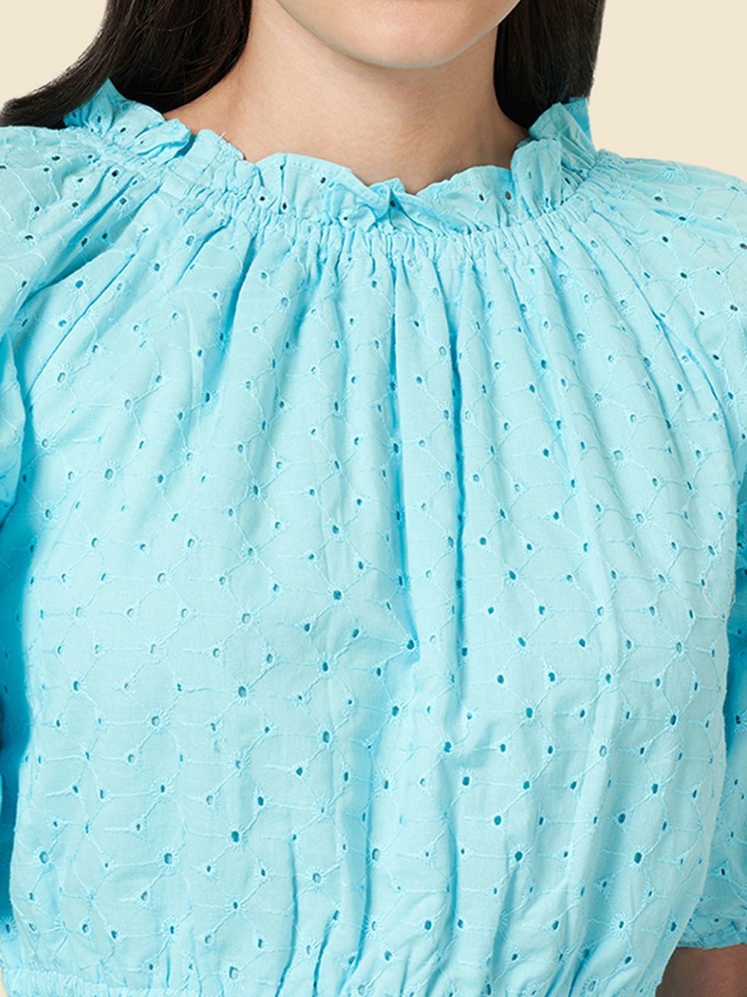 YU by Pantaloons Aqua Blue Cotton Self Pattern Crop Top