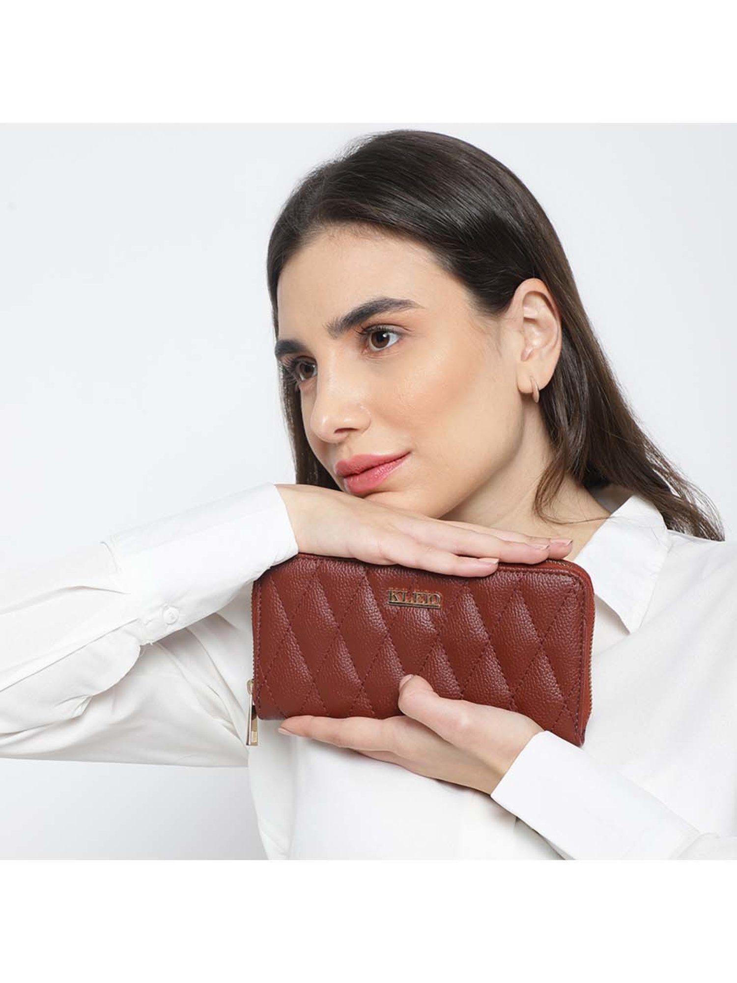 KLEIO Brown Quilted Zip Around Wallet for Women