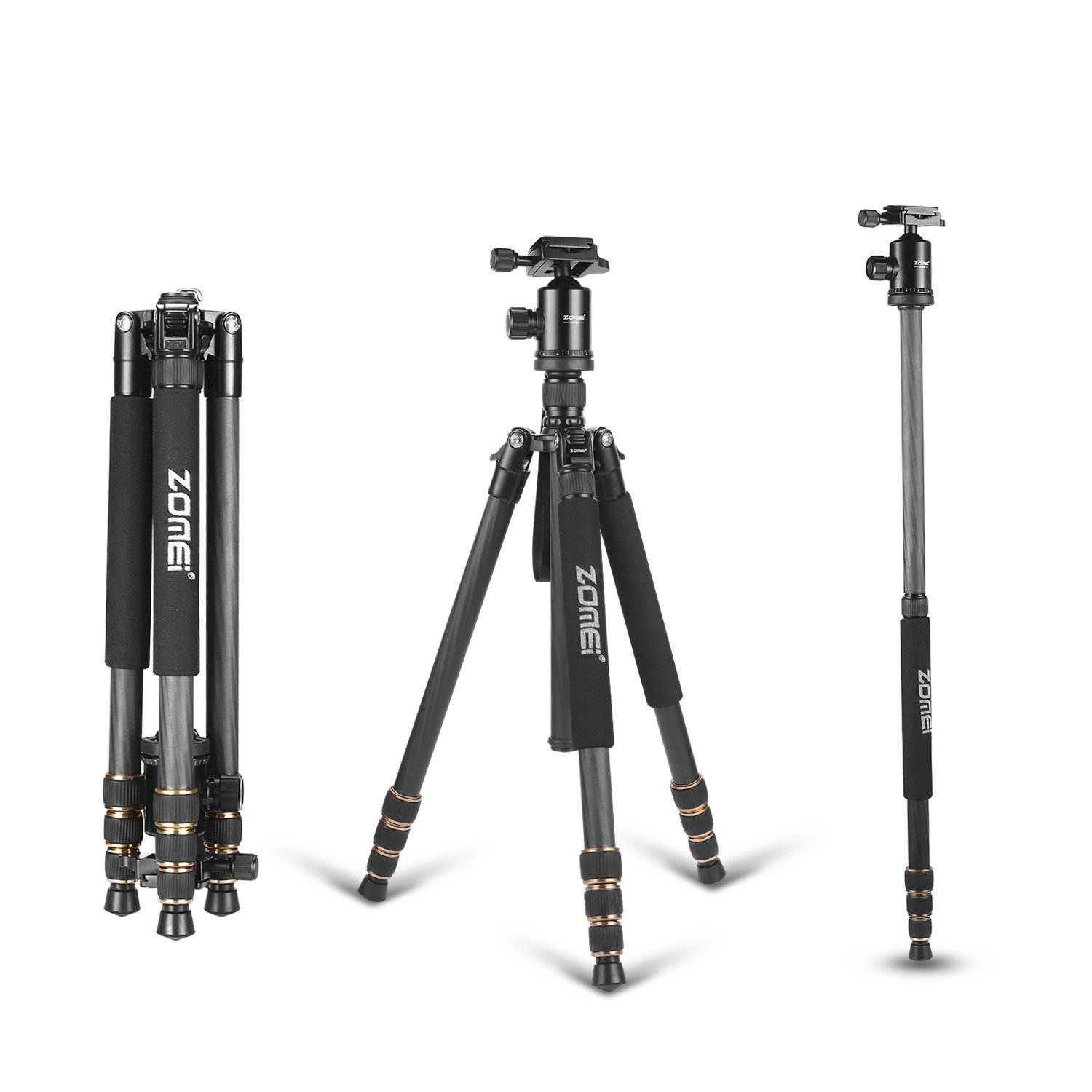 ZOMEi Z668C (Upgraded Version) Portable Carbon Fiber Tripod Pro Monopod+Ball Head and Quick Release Plate for DSLR Camera