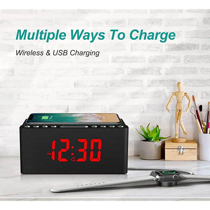 Wooden Alarm Clock with FM Radio 10W Super Fast Wireless Charger Station for iPhoneSamsung 5 Level Dimmer USB Charging Port Sleep Timer Digital LED Clock for Bedroom