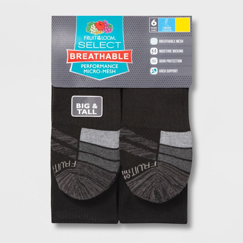 Fruit of the Loom Men's 6pk Breathable Performance Crew Socks - Black - 12-16