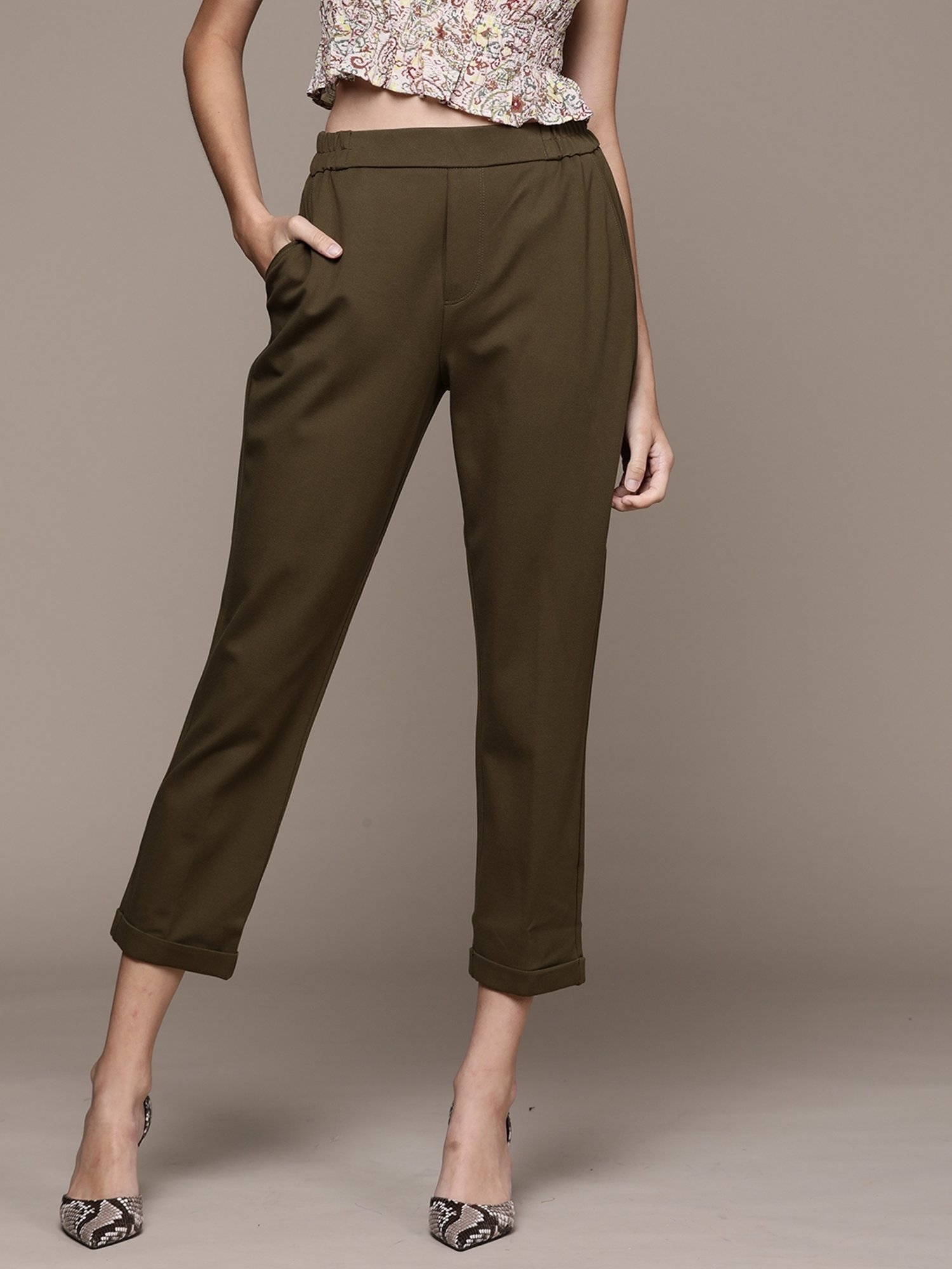 Label Ritu Kumar Olive Solid Straight Pant
