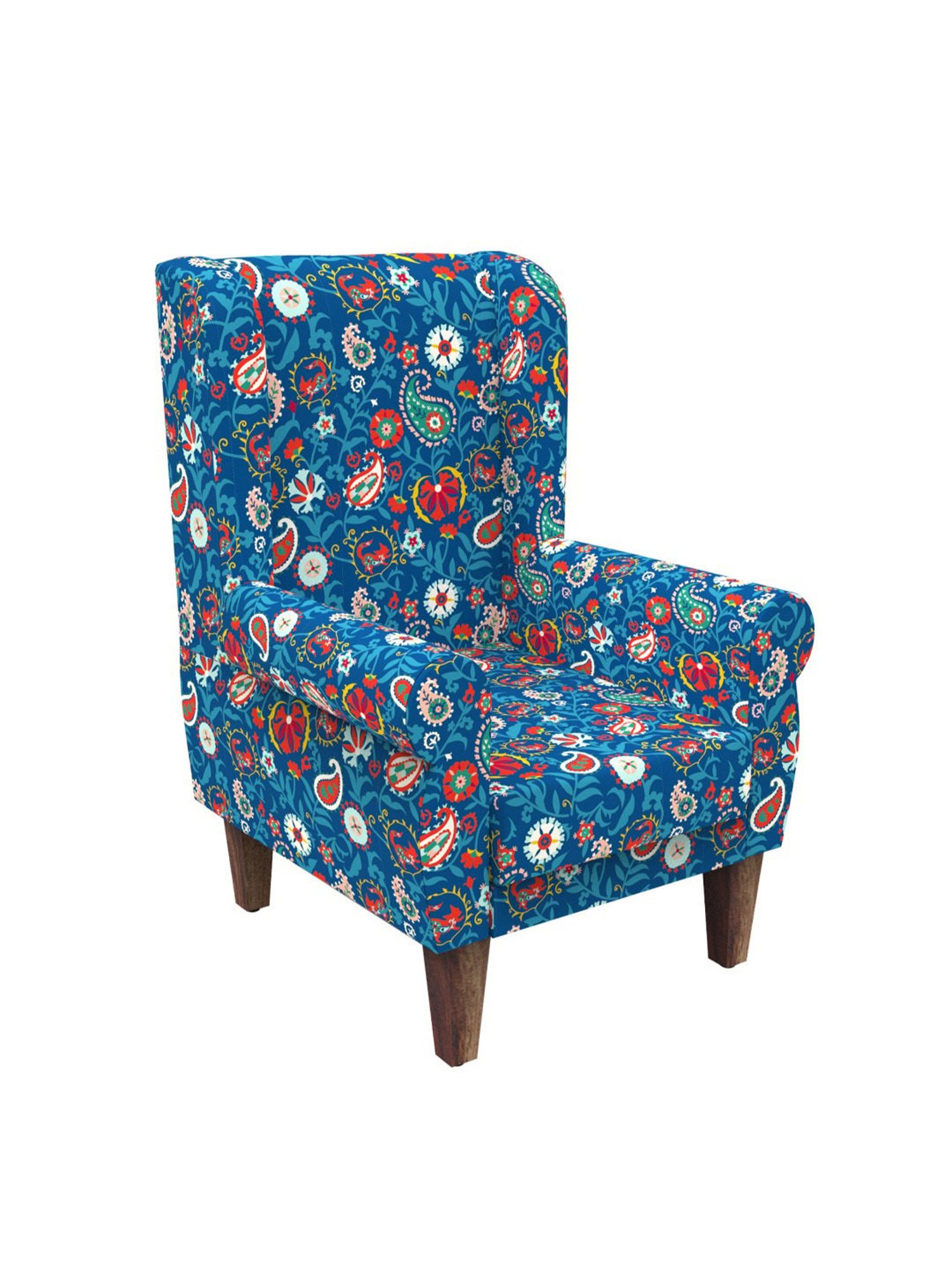 Chumbak India Paisley Blue Sheesham Wood Begum Wing Chair
