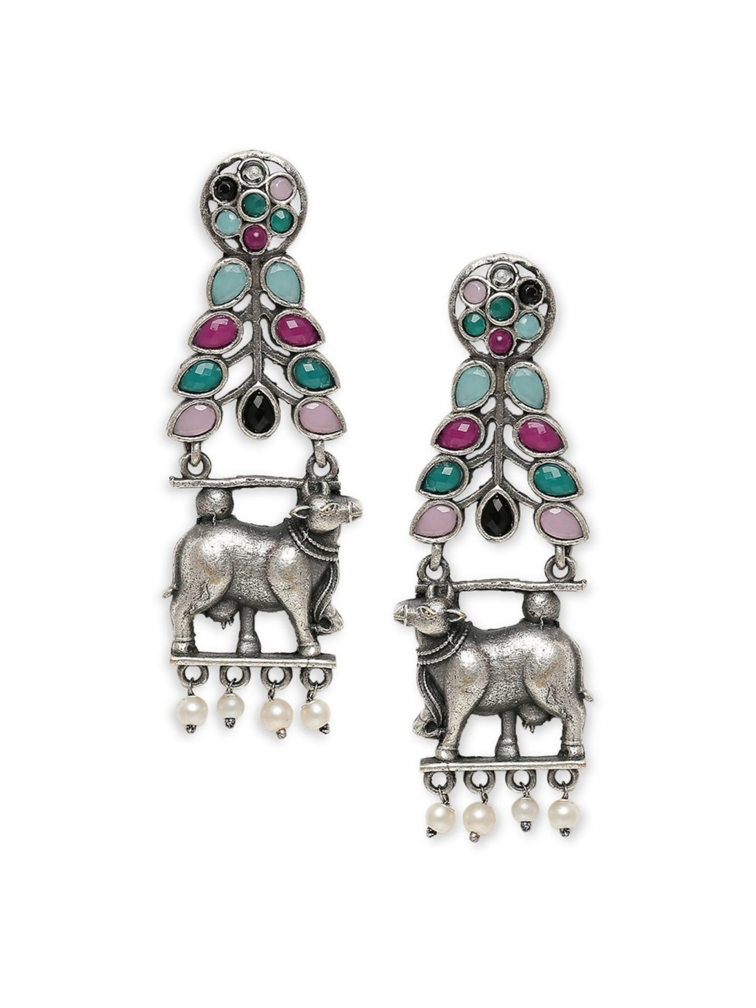 OOMPH Silver Oxidized Look Alike Made in Indian Cow Shape Ethnic Dangler Earrings