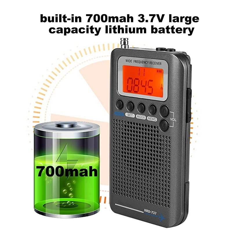 Band Radio Receiver FM AM CB SW VHF Full Band Handheld craft Digital Travel Radio with Extended Antenna Build in Battery Wide Frequency LCD Display with Alarm Earphones Black