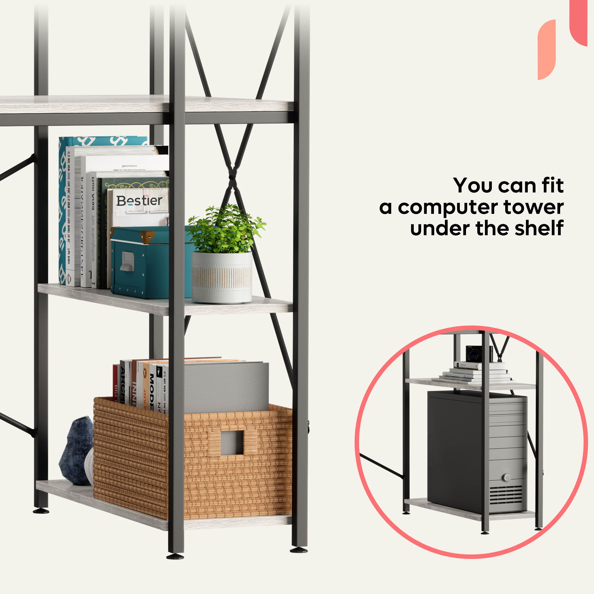 Bestier 63 Inch Computer Desk with Storage Shelves, Modern Bookshelf Desk with Headphone Hook Large Workstation Writing Desk with Reversible Bookshelves Home Office Work Table Study Desk Grey