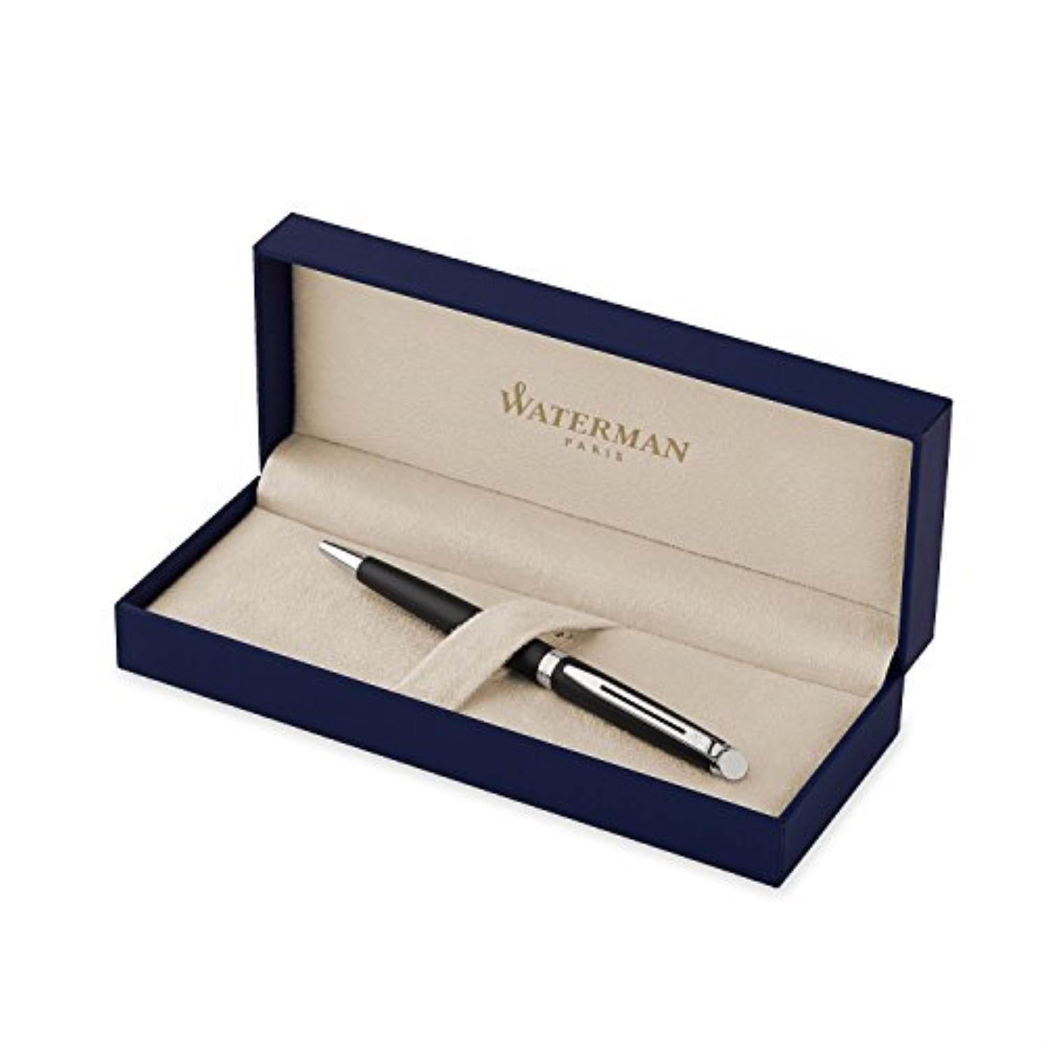waterman hmisphre ballpoint pen, matte black with chrome trim, medium point with blue ink cartridge, gift box