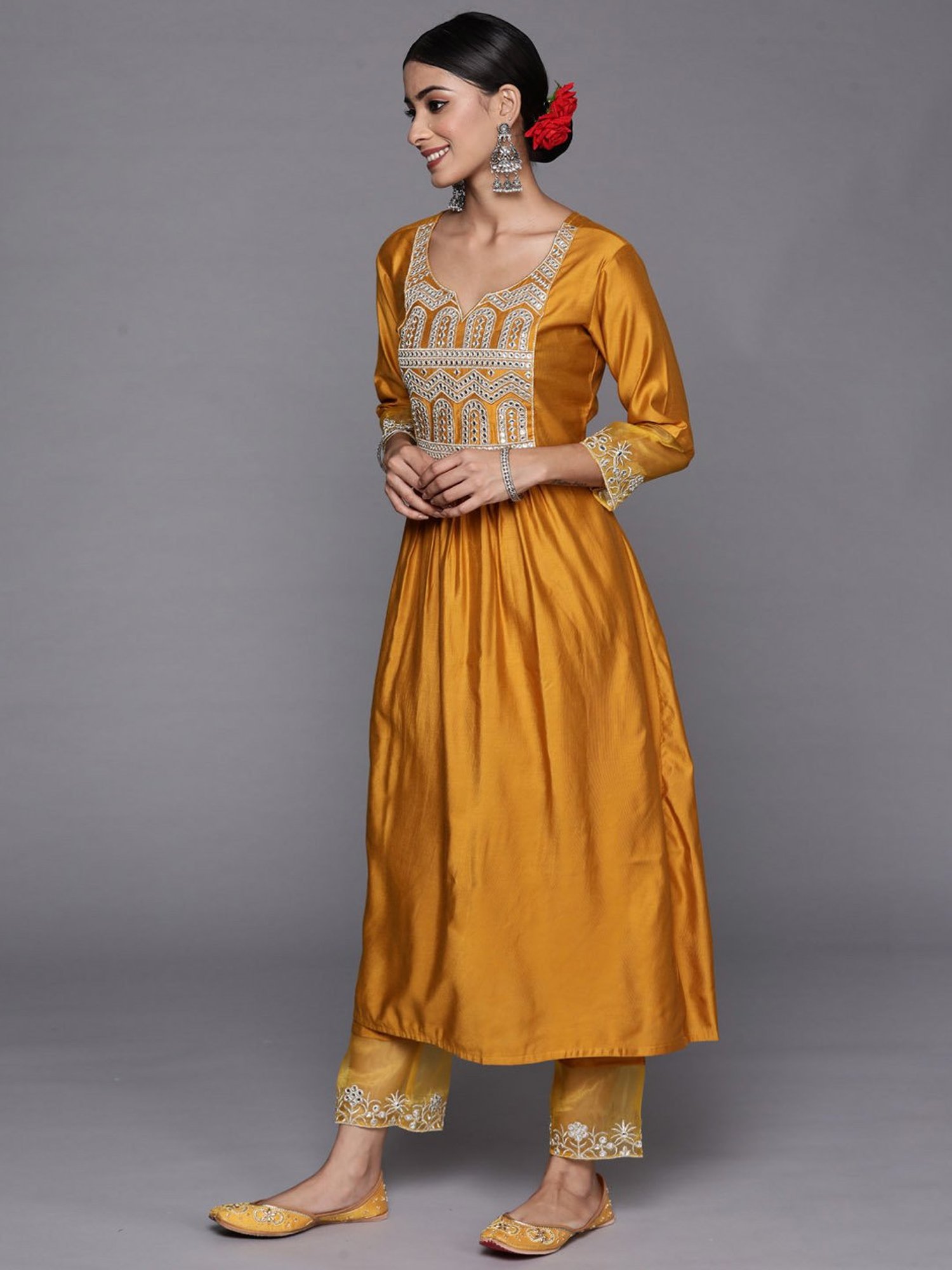 Indo Era Mustard Embroidered Kurta Pant Set With Dupatta
