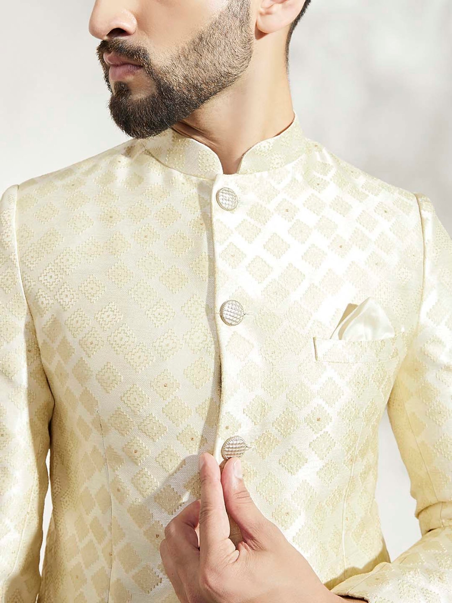 KISAH Off White Regular Fit Self Design Ethnic Blazer