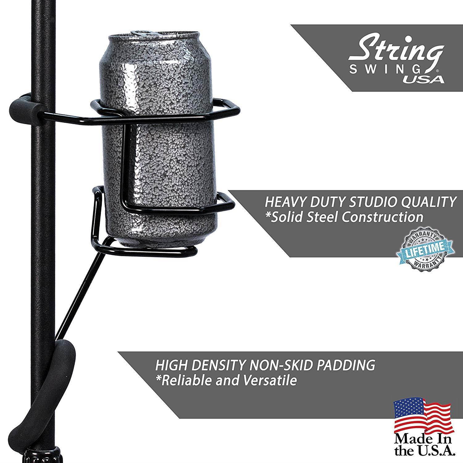 Mic Stand Drink Holder - Microphone & Cymbal Pole Stagehand Music Mount for Soft Beverages Soda Can Coffee or Tea Cup and Water Bottle - Black Heavy Duty Studio Quality Made in USA - String Swing SH01
