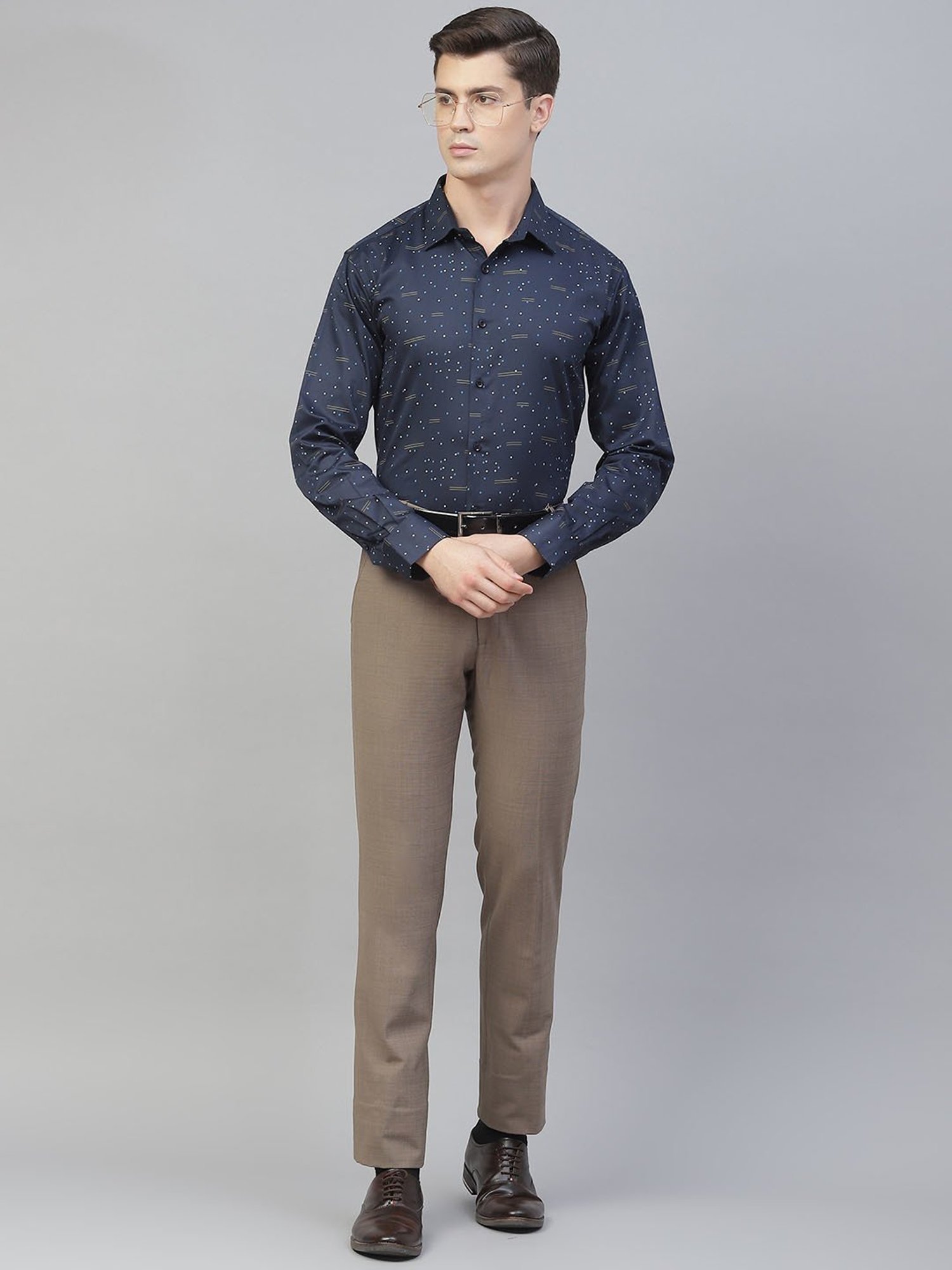 ManQ Blue Cotton Regular Fit Printed Shirt