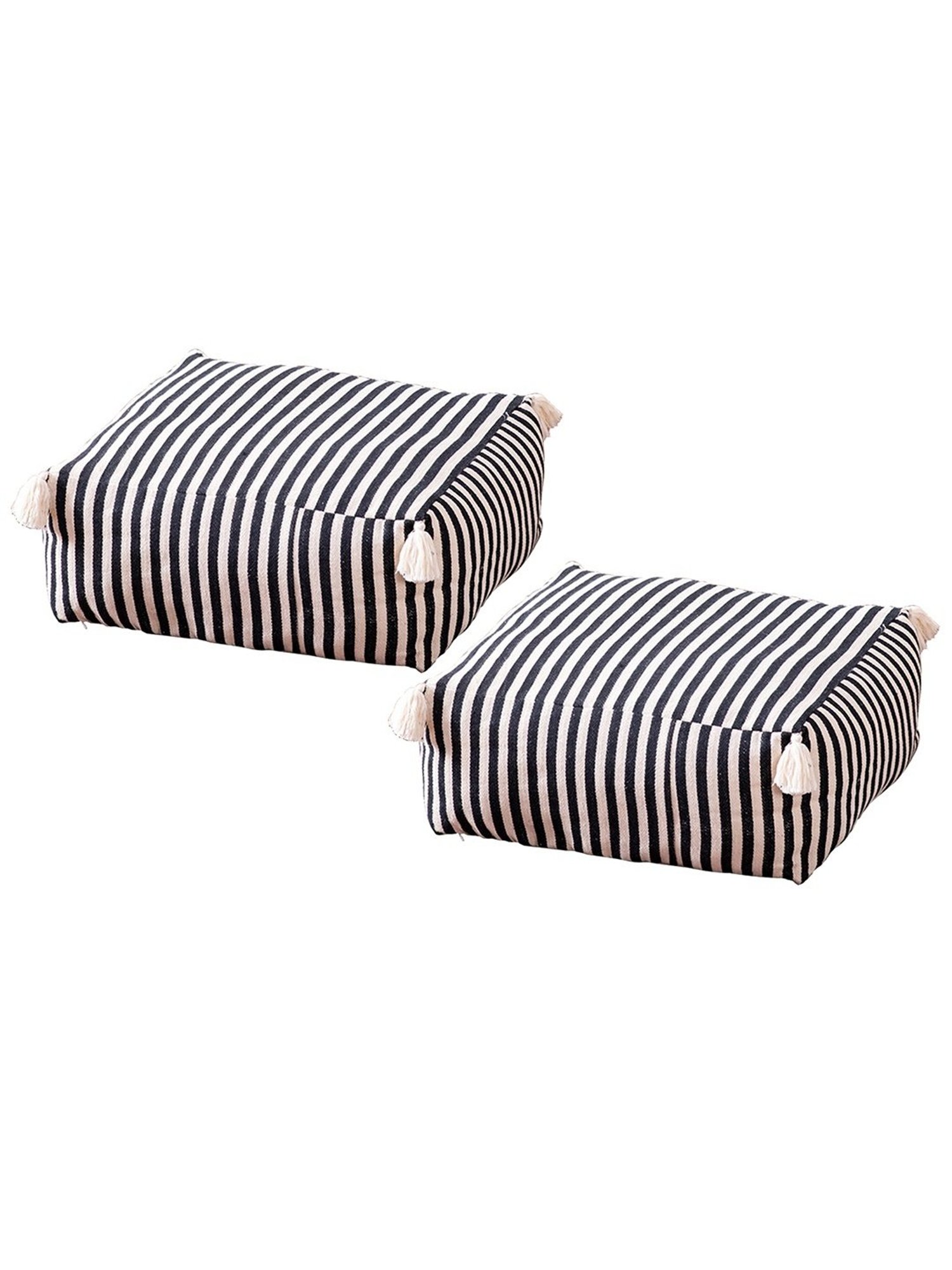 Nestroots Printed Black Cotton Foot Stool Floor Cushions with Filler - Set of 2
