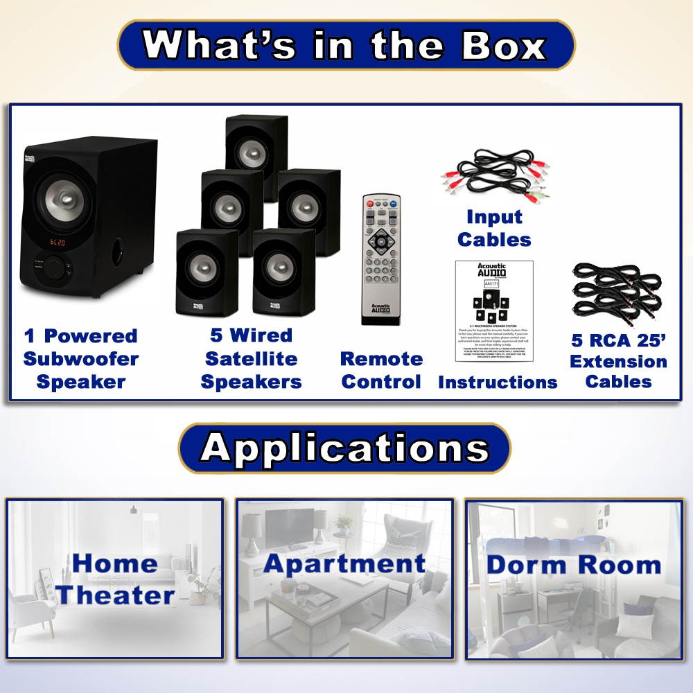 Acoustic Audio AA5171 Home Theater 5.1 Bluetooth Speaker System with FM and 5 Extension Cables