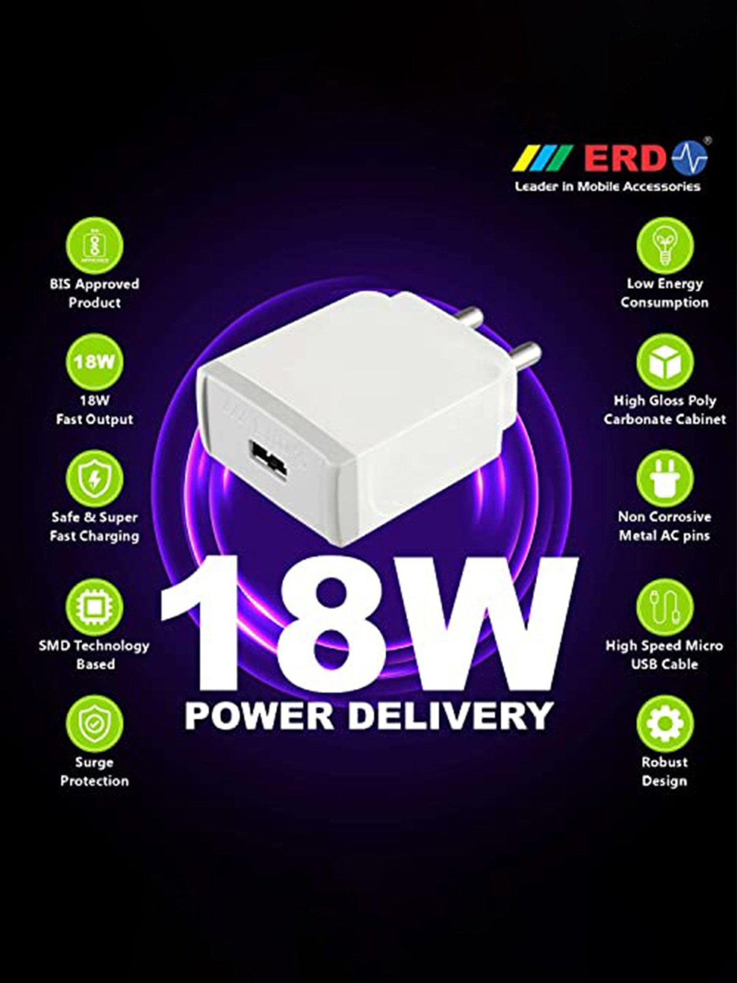 ERD TC-45 Mobile Phone Charger Adapter with Micro USB Cable (White)