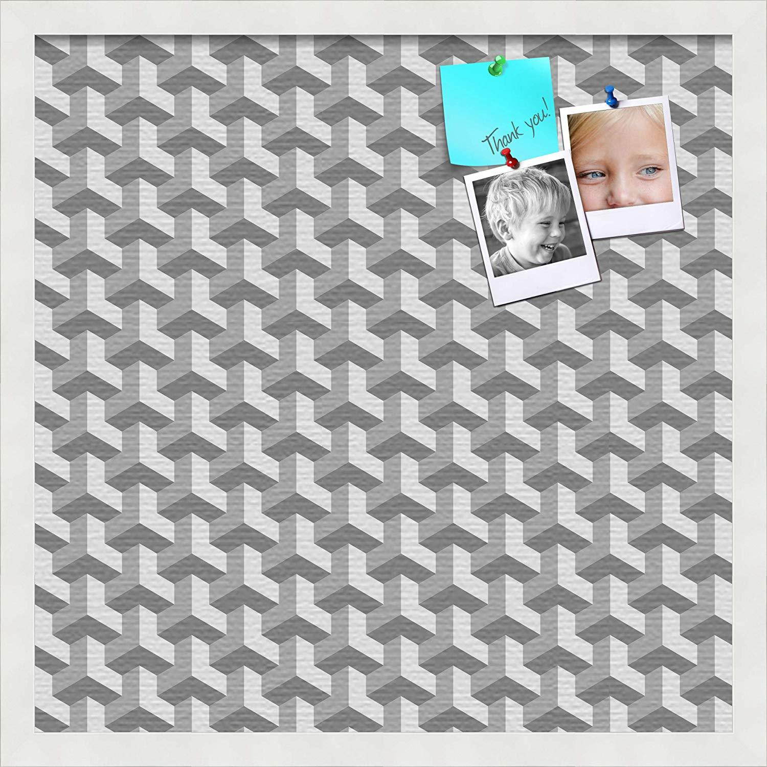 PinPix custom printed pin cork bulletin board made from canvas, Baus Grey White 20x20 Inches (Completed Size) and framed in Satin White Frame (PinPix-Group-65)