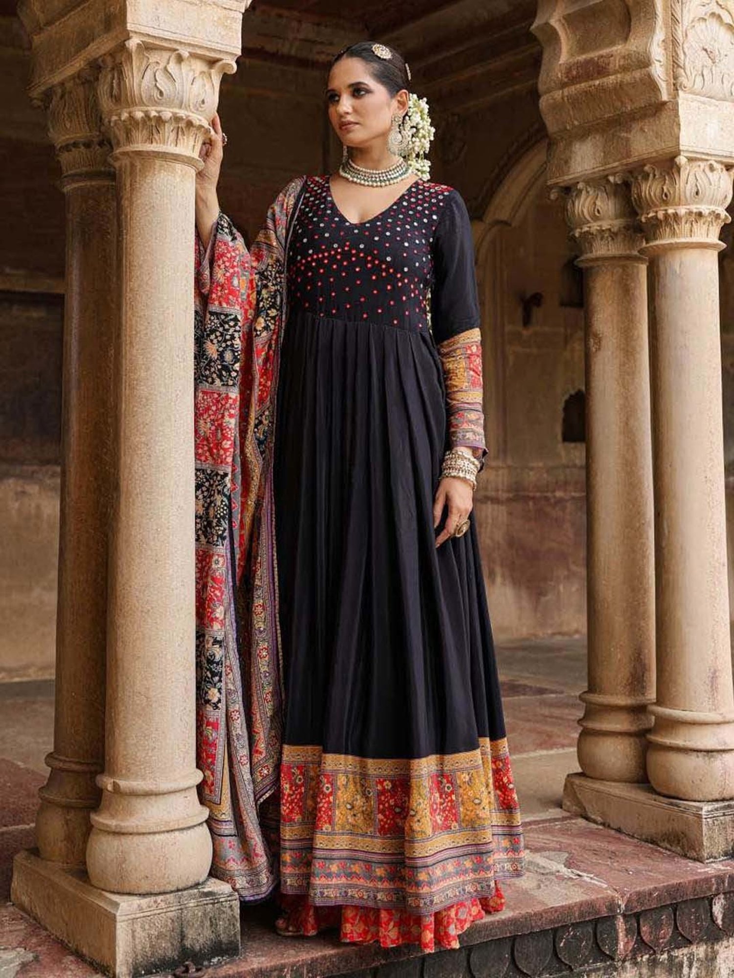 SCAKHI Black Embellished Maxi Dress With Dupatta