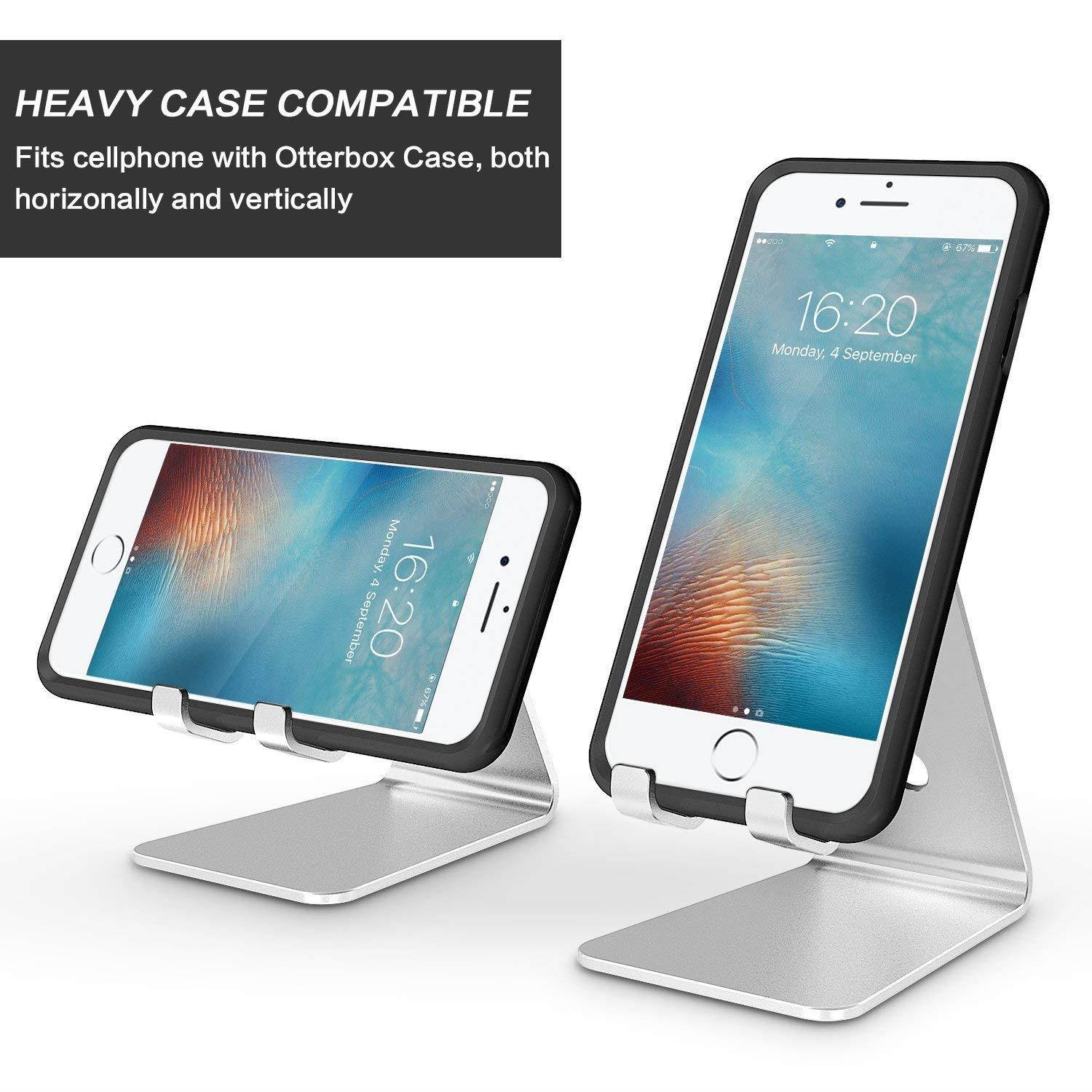 Adjustable Cell Phone Stand, OMOTON Aluminum Desktop Cellphone Stand with Anti-Slip Base and Convenient Charging Port, Fits All Smart Phones, Silver