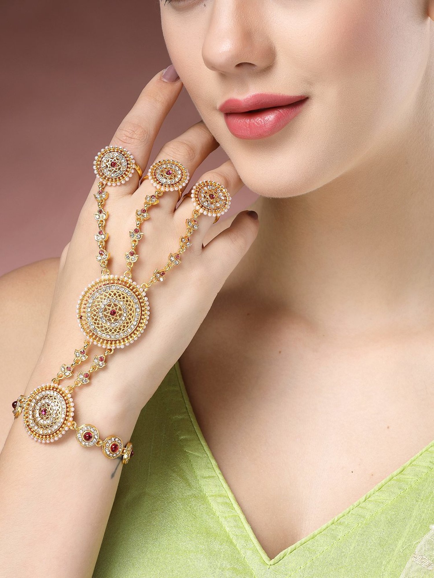 NVR Women's Gold-Plated CZ Stone-Studded Handcrafted Ring Bracelet