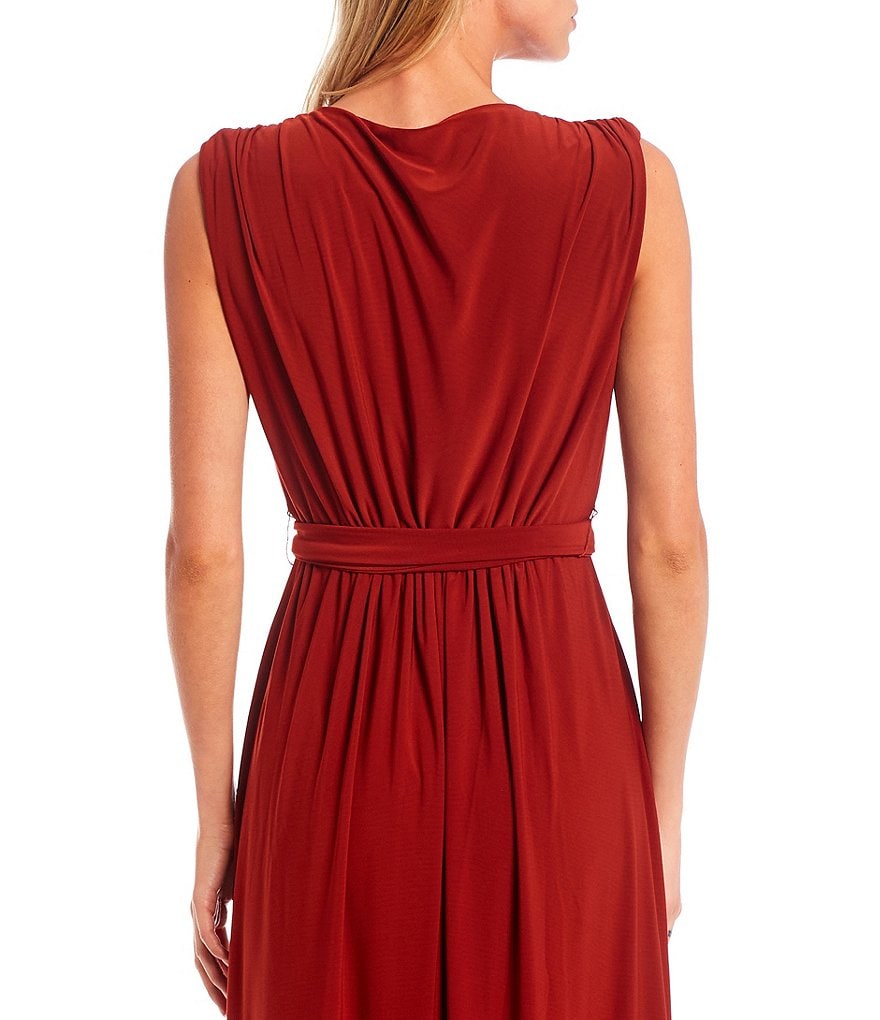 Betsy & Adam V-Neck Sleeveless Pocketed Tie Waist Jersey Knit Gown