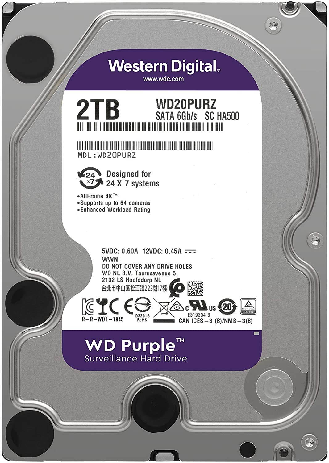Western Digital 2TB WD Purple Surveillance Internal Hard Drive HDD - 5400 RPM, SATA 6 Gb/s, 64 MB Cache, 3.5" - WD20PURZ
