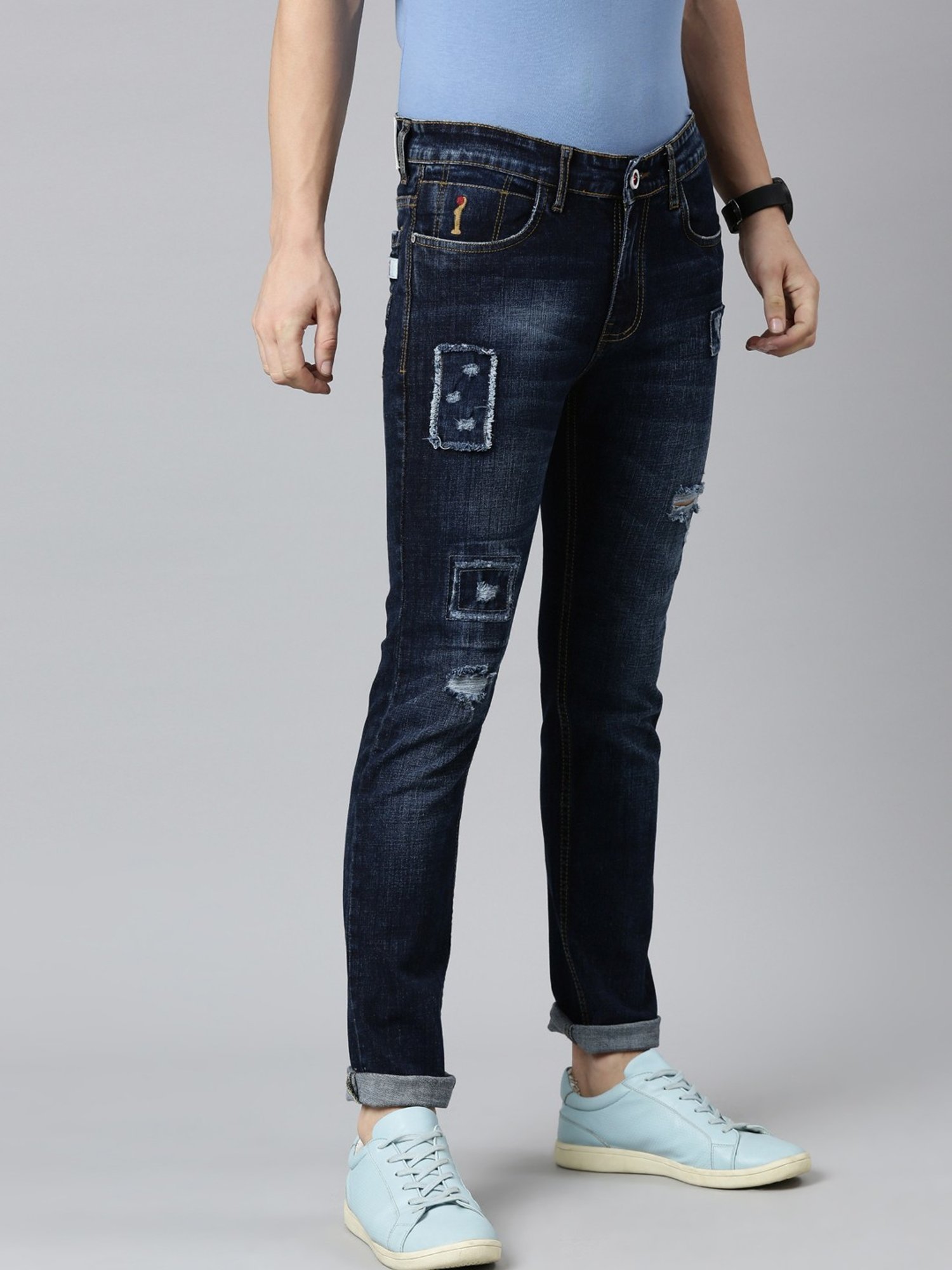 CINOCCI Cobalt Blue Cotton Slim Fit Distressed Jeans