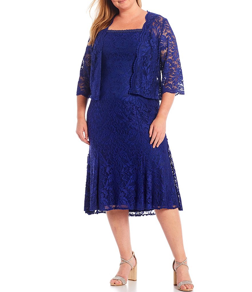 Le Bos Plus Size Square Neck 3/4 Sleeve Beaded Lace 2-Piece Jacket Dress
