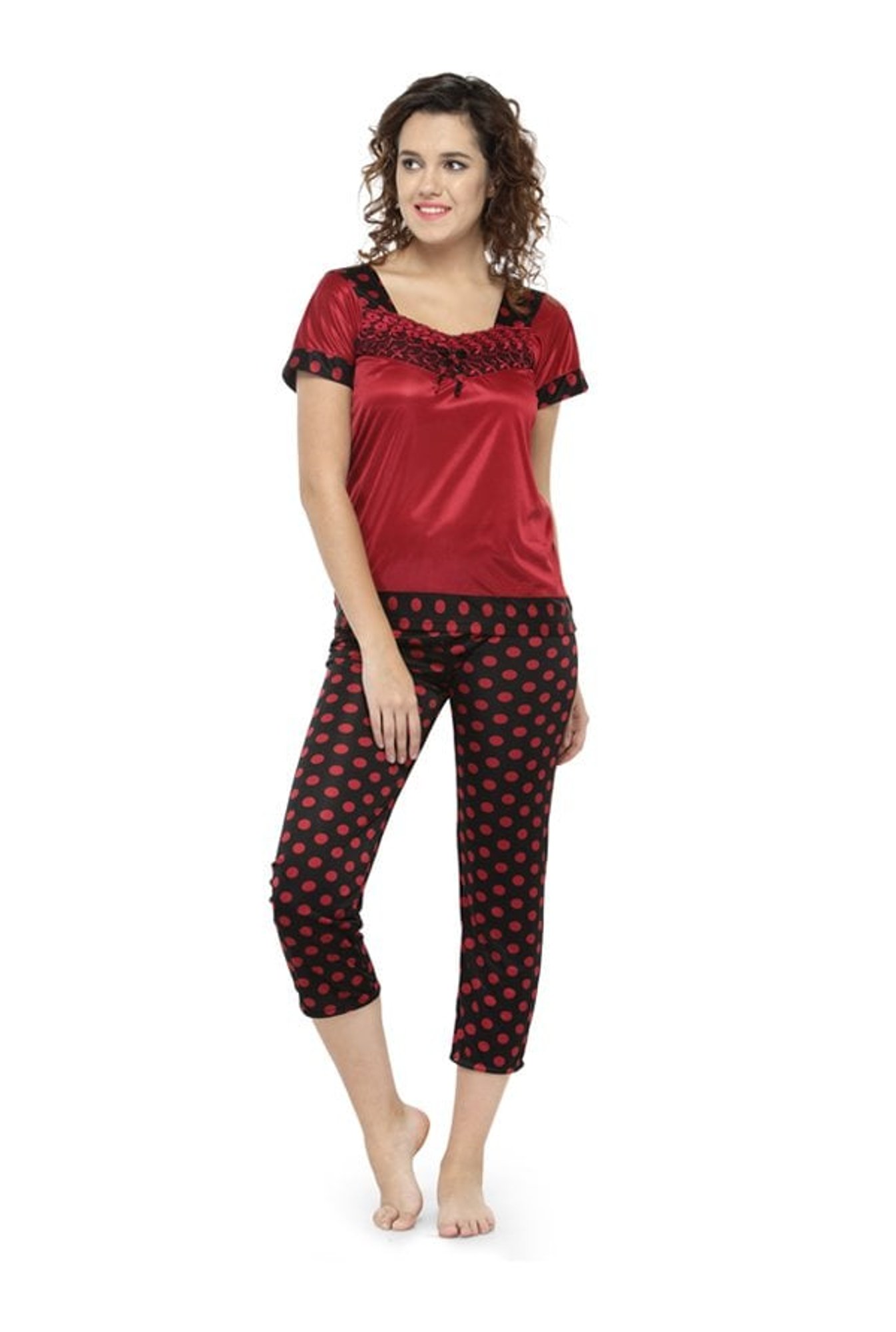 N-Gal Maroon & Black Polka Dot Top With Capris
