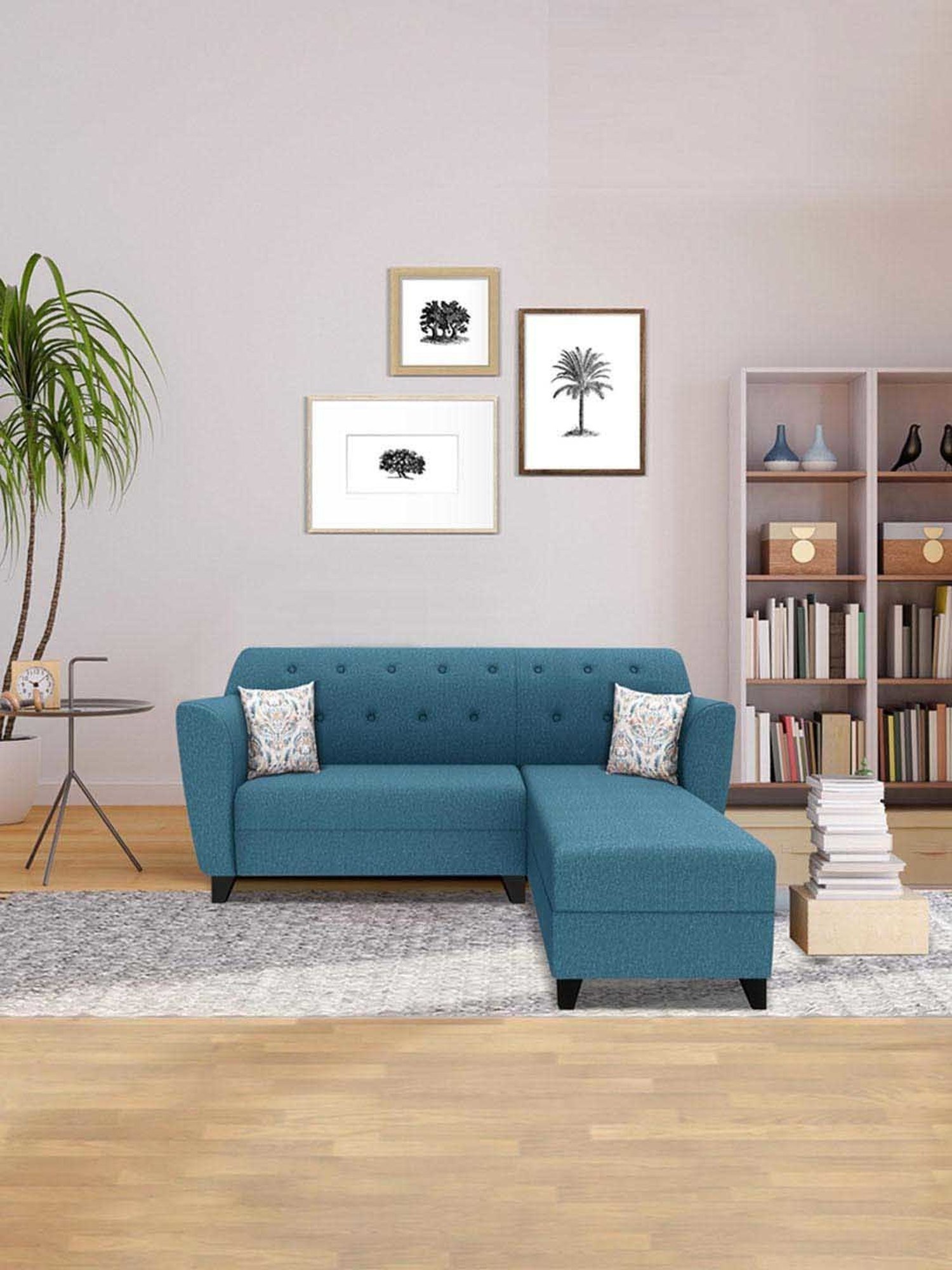 Trevi Blue Fabric & Neem Wood 5 Seater RHS Sectional Sofa