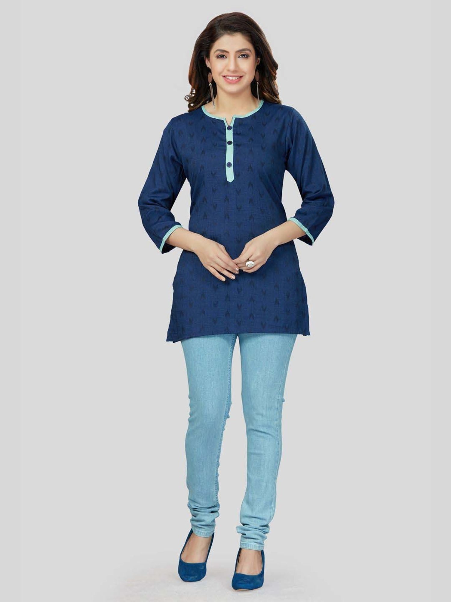 Saree Swarg Blue Woven Pattern Straight Short Kurti
